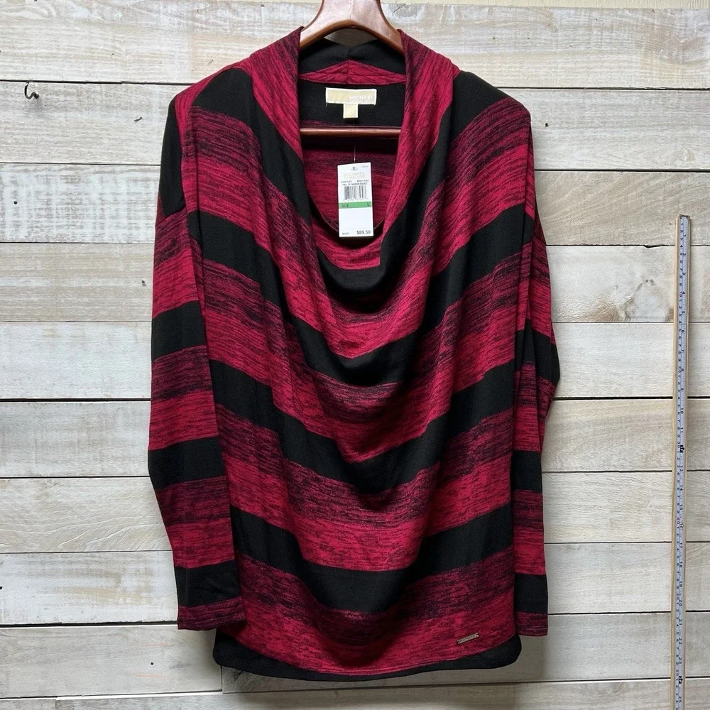 Michael‎ Kors Sweater Womens Large Red Black Stripe Cowl Neck Long Sleeve New